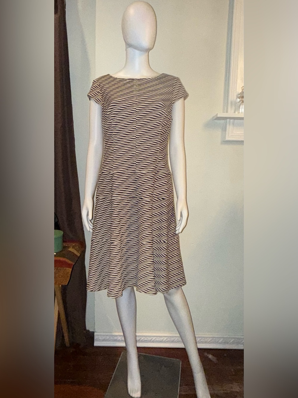 Anne Klein Beige and Black Striped Fit-and-Flare Midi Dress